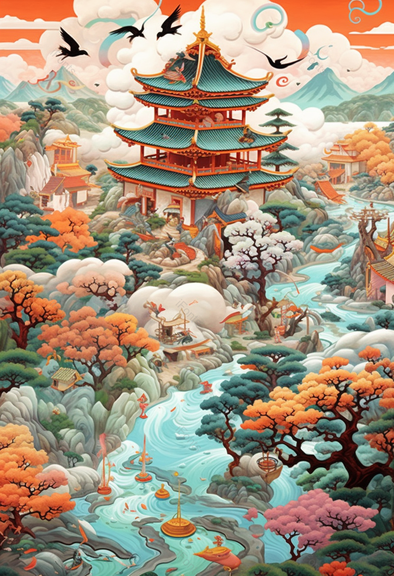 国潮中式山水风景插画,插画/手绘图,插画/手绘图库,插画/手绘图下载,插画/手绘